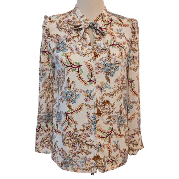 Maje Womens Sz 2 (M) Lixie Floral Botanical Button Ruffle Necktie L/S Blouse Top - Picture 2 of 12